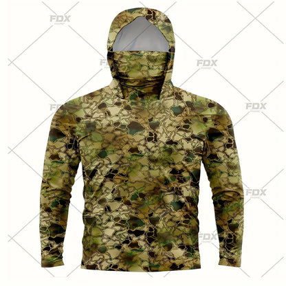 Army Green Camo Colorful Hoodie with Face Mask UV 50+Gaiter Fishing Clothing Men&