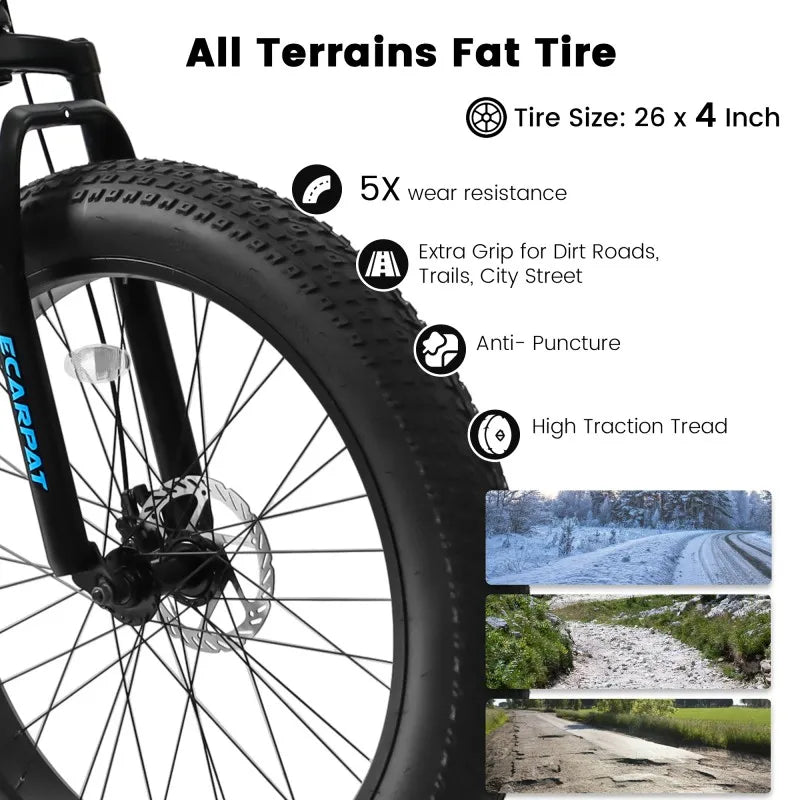 26-Inch Mountain Bike , Disc Brakes, 21-Speed Flat Wheel Tire Carbon Steel Bicycle Frame Fat Snow Bike Mountain Bicycle