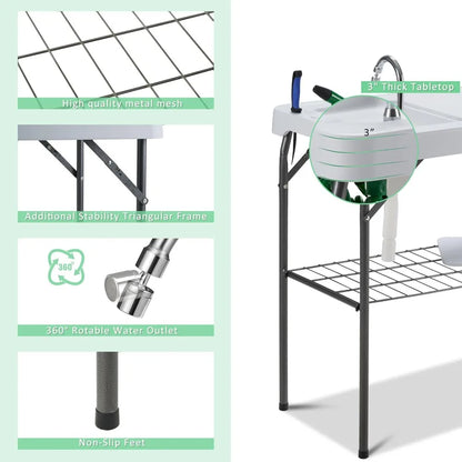 Outdoor Sink Fish Cleaning Table Portable Camping Table with Faucet Hose Hook Up Grid Rack, Fish Fillet Camping Sink Table, Fis