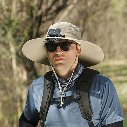 Outdoor Solar Fan  with 1/2 Solar Powered Fans Cap Breathable Wide Brim Fishing Hat for Camping Hiking