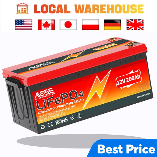 LiFePO4 12V 200Ah Battery Lithium Iron Phosphate Batteries with 200A BMS 8000+ Cycles for RV Trolling Motor Off-Grid Campers