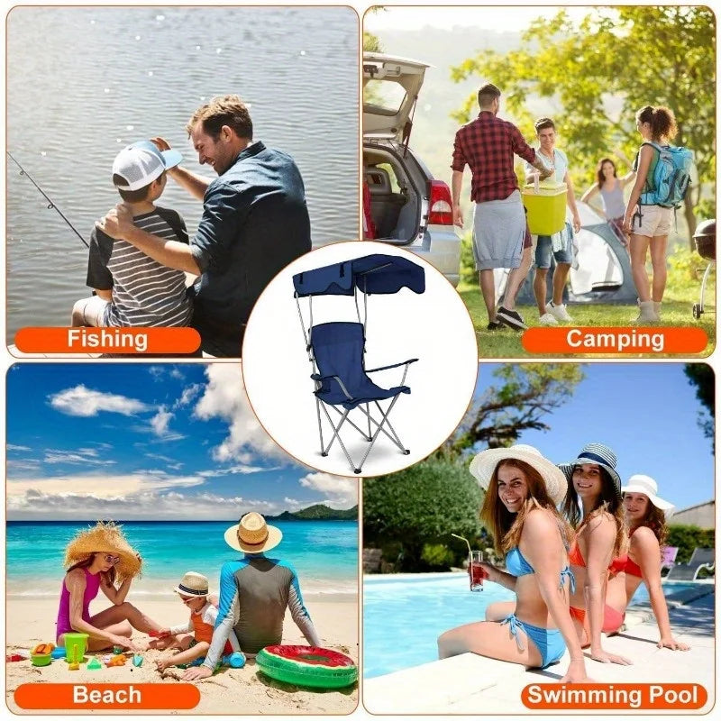 Camping Chair With Canopy, Outdoor Folding Lounge Chair