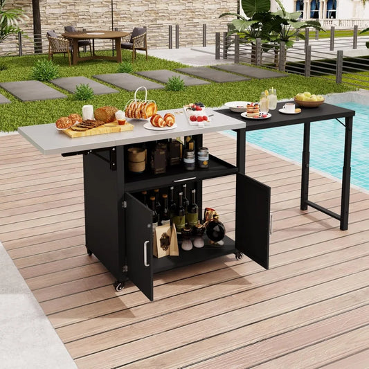 Outdoor Kitchen Island with Folding & Expandable Work Surfaces, Iron Outdoor Grill Table with Ample Storage Space, Rolling Bar C