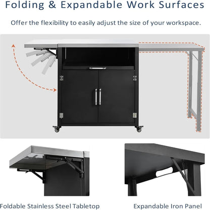 Outdoor Kitchen Island with Folding & Expandable Work Surfaces, Iron Outdoor Grill Table with Ample Storage Space, Rolling Bar C
