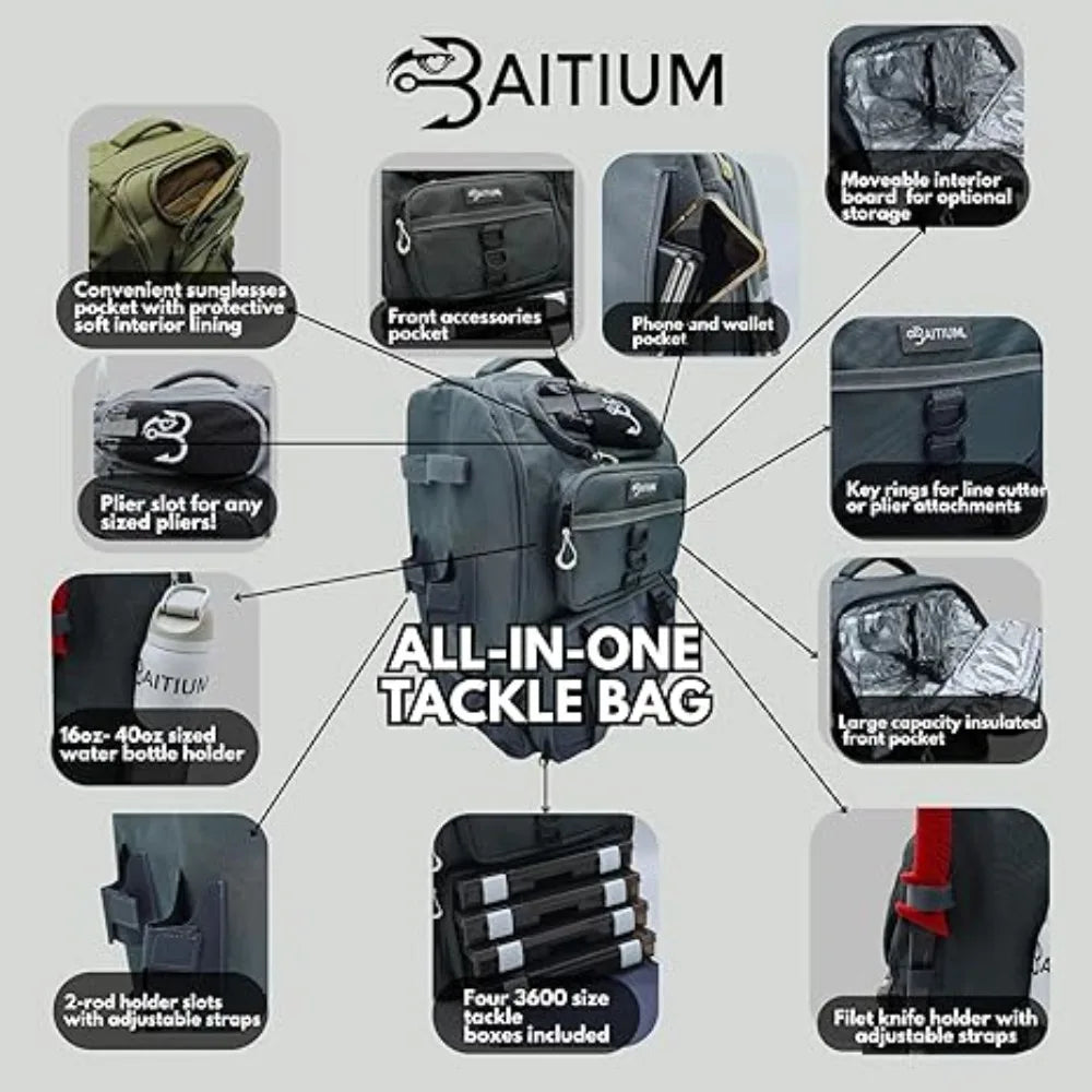Fishing Backpack, Tackle Bag With Rod Holders, 40L Capacity With Cooler, Rain Cover, Insulated Pocket