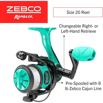 Zebco Rambler Fishing Reel and Rod Combo, Durable Fiberglass Rod with Built-in Carabiner, Patented No-Tangle Reel, Pre-Spooled w