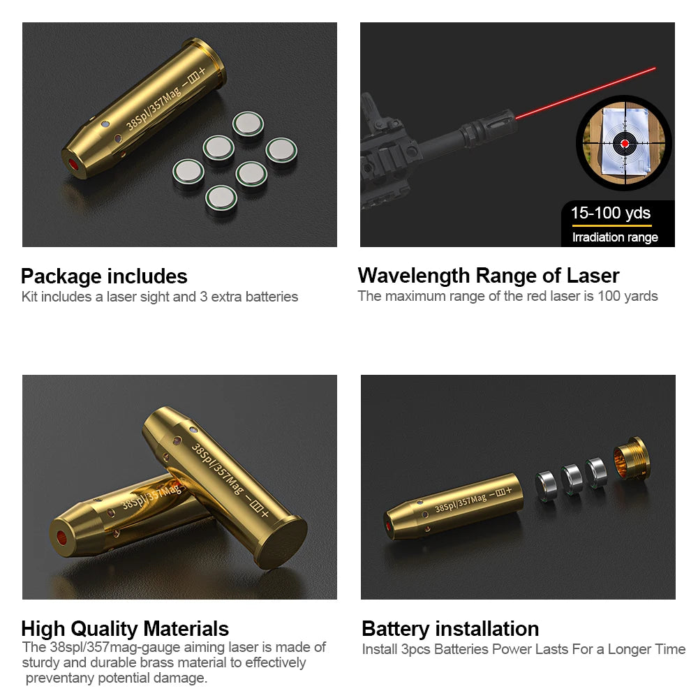 38SPL/357MAG Optics Cartridge Red Dot Laser Bore Brass 9MM Bore Boresighter For Pistol Rifle Scope Hunting Accessories 6 Batte