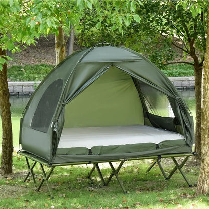 2 Person Foldable Camping Cot with Tent, Bedspread and Thick Air Mattress,   Elevated Camping Bed Tent