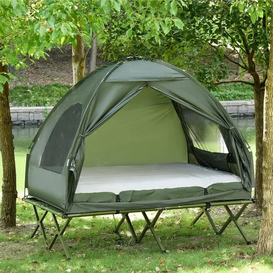 2 Person Foldable Camping Cot with Tent, Bedspread and Thick Air Mattress,   Elevated Camping Bed Tent
