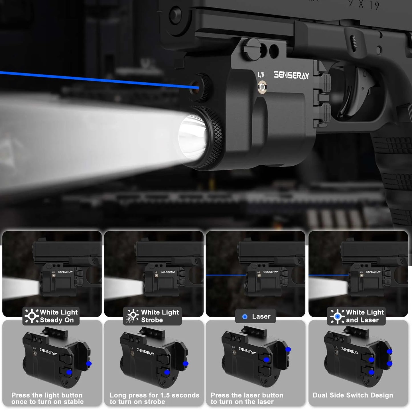 Tactical Pistol Light Rechargeable Blue Laser LED Weapon Light Fit Glock 17 19 20mm