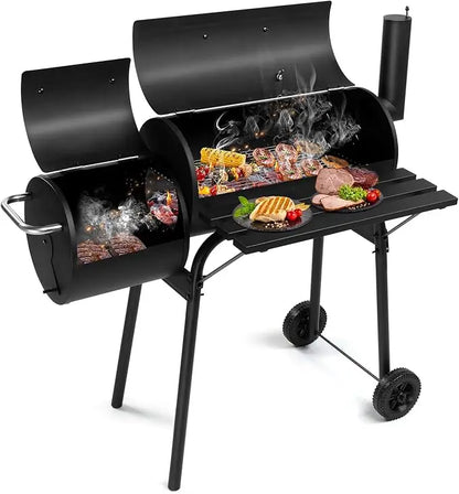 BBQ Charcoal Grill, Outdoor Patio Barbecue Cooker with Offset Smoker, Wheels and Tray for Balcony Picnics, Party and Camping