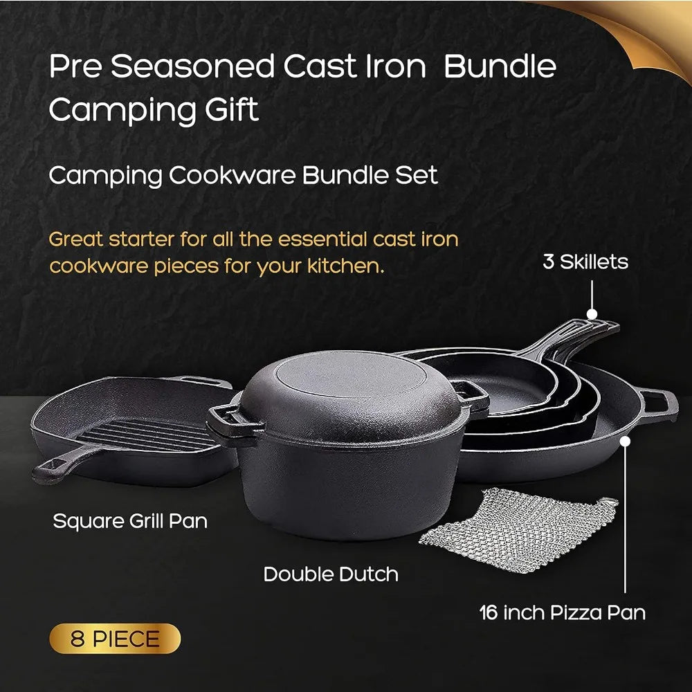 8 piece cast iron camping cookware - durable POTS and pot covers for cooking - the ideal gift for home or camping