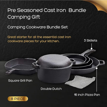 8 piece cast iron camping cookware - durable POTS and pot covers for cooking - the ideal gift for home or camping