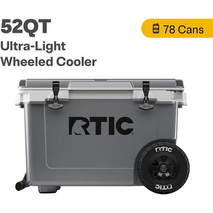 52 Quart Ultra-Light Wheeled Hard Cooler Insulated Portable Ice Chest Box for Beach, Drink, Beverage, Camping, Picnic, Fishing,