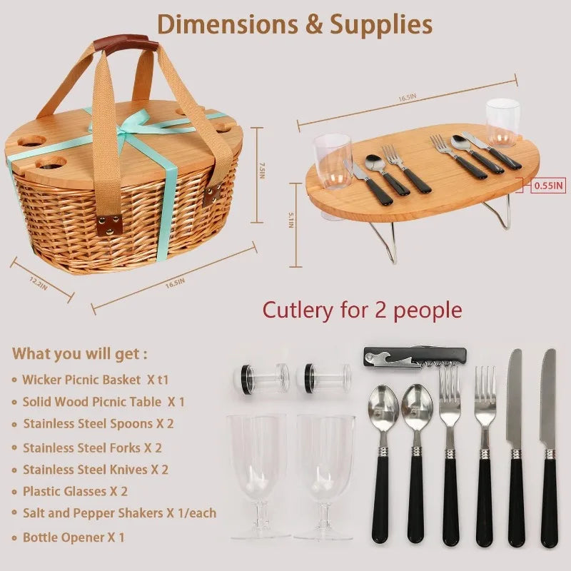 Picnic Basket Set for 2 with Mini Folding Wine Picnic Table & Large Insulated Cooler Bag & Cutlery Service Kits for 2 Person