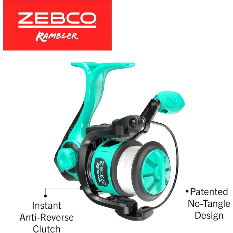 Zebco Rambler Fishing Reel and Rod Combo, Durable Fiberglass Rod with Built-in Carabiner, Patented No-Tangle Reel, Pre-Spooled w