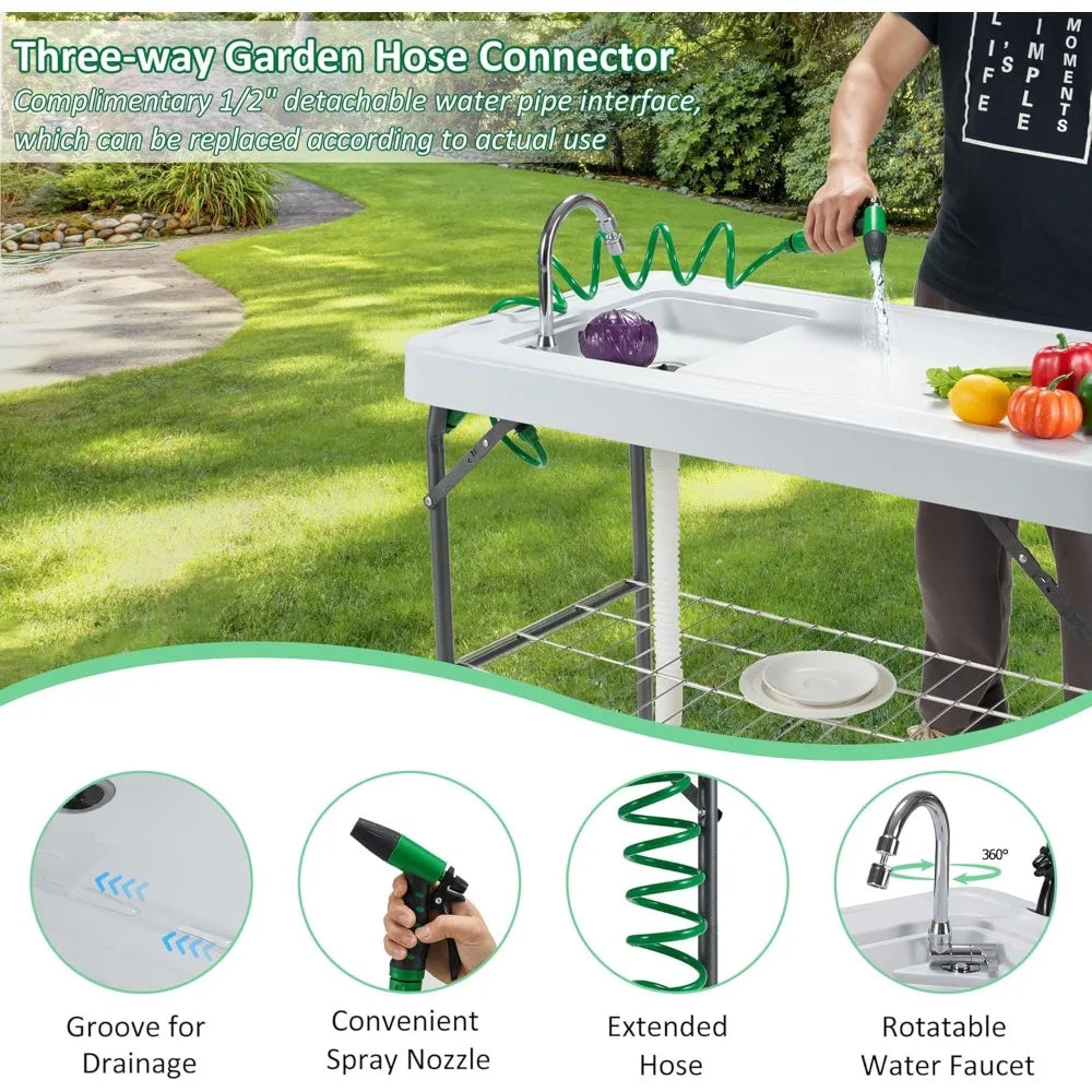 Outdoor Sink Fish Cleaning Table Portable Camping Table with Faucet Hose Hook Up Grid Rack, Fish Fillet Camping Sink Table, Fis
