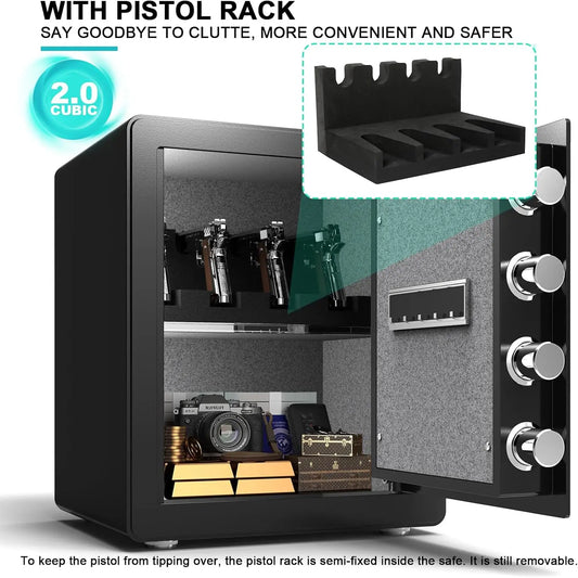 Safe Box with Pistol Rack, Fireproof Waterproof Bag, Large Digital Safe with Dual Alarm System,