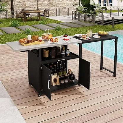 Outdoor Kitchen Island with Folding & Expandable Work Surfaces, Iron Outdoor Grill Table with Ample Storage Space, Rolling Bar C
