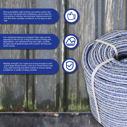 High Strength 20000lbs 3/4 Inch 24 Strand Braided Polyester Rope 200Ft White-Blue-for Tree Climbing Rigging, Arborist