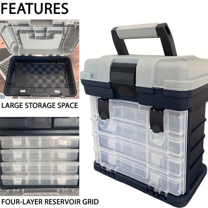 fishing tackle box, a four-layer bait box, a grey fishing accessory storage box, a plastic fishing box