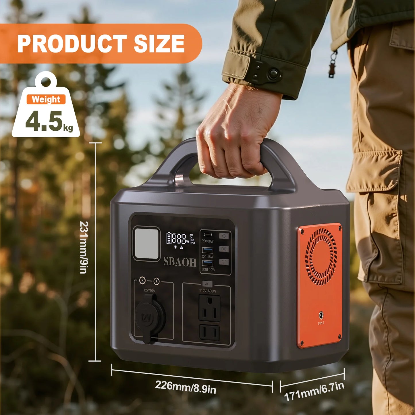 538.7Wh 600W Portable Outdoor Power Station with Solar Charging Input,  AC Power Outlet,