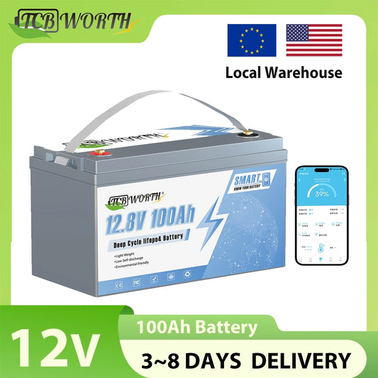 12V 100Ah LiFePO4 Lithium Battery With 100A BMS,Support Monitoring Battery via Phone Bluetooth,for Marine,Trolling Motor,RV