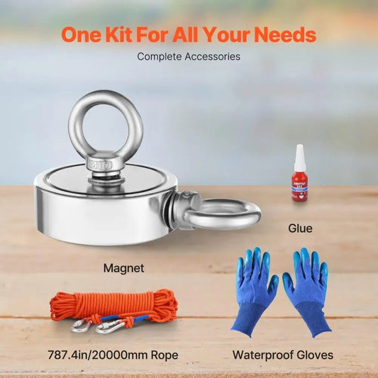 Strong Double Sided Fishing Magnet Kit with 1000 LBS Pull Force Rope and Carabiner for Treasure