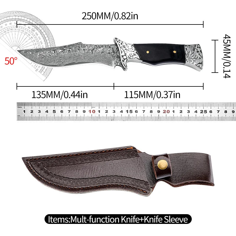 1Pc Stainless Steel Fixed Blade Knife Set with Leather Sheath