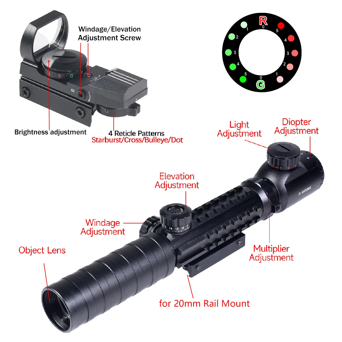 Tactical 3-9X32EG Riflescope Laser Red Dot 3 in 1 Combo Optic