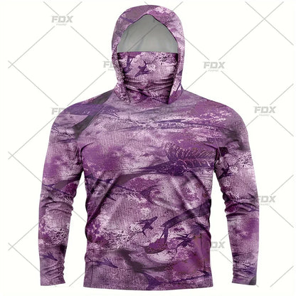 Army Green Camo Colorful Hoodie with Face Mask UV 50+Gaiter Fishing Clothing Men&