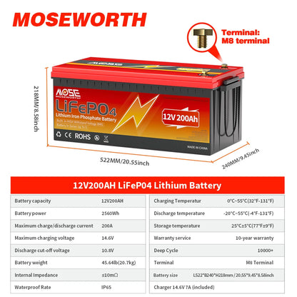 LiFePO4 12V 200Ah Battery Lithium Iron Phosphate Batteries with 200A BMS 8000+ Cycles for RV Trolling Motor Off-Grid Campers