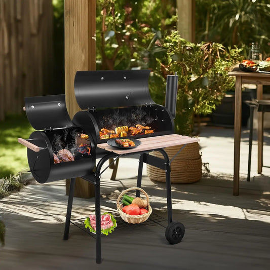 BBQ Charcoal Grill, Outdoor Patio Barbecue Cooker with Offset Smoker, Wheels and Tray for Balcony Picnics, Party and Camping