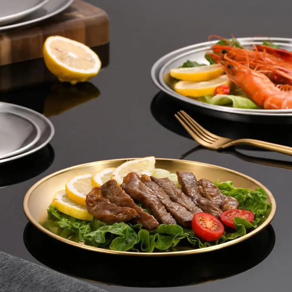 Steel Plates Metal Gold Dinner Plates Unbreakable Dinner Dishes Plates Set For Camping Outdoor