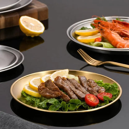 Steel Plates Metal Gold Dinner Plates Unbreakable Dinner Dishes Plates Set For Camping Outdoor