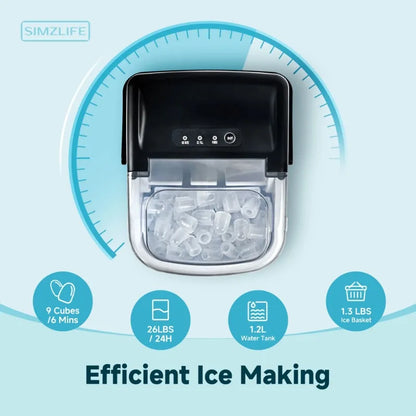 Simzlife Countertop Ice Maker with Handle, 9 bullet ice in 6 Mins, 26Lbs/24H, Self-Cleaning, Ice Maker with Basket and Scoop