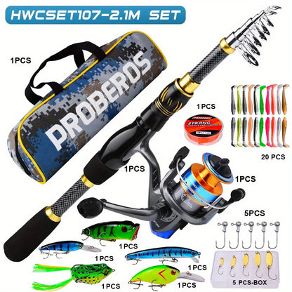 Fishing Combo Portable Ultralight Telescopic Rod and 5.1:1 Gear Ratio Spinning Reel Lures Hooks Line Full Kit