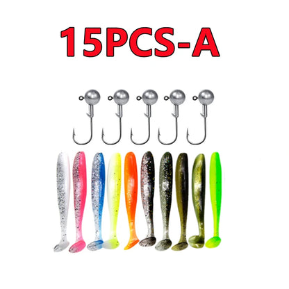 Soft Fishing Lures Kit Silicone Lure Set Artificial Bait Worm with Crank Jig Head Hooks