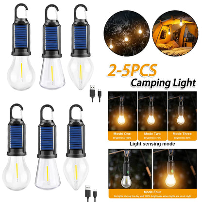 2-5PCS Solar Powered LED Lighting Lantern USB Charging Outdoor Tent