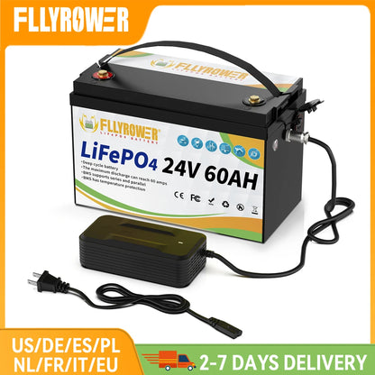 24V 60AH LiFePO4 Battery Pack With 60A BMS 8000+ Cycles For Campers Off-Road Off-grid Solar Wind Lithium Iron Phosphate Battery