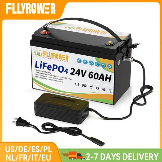 24V 60AH LiFePO4 Battery Pack With 60A BMS 8000+ Cycles For Campers Off-Road Off-grid Solar Wind Lithium Iron Phosphate Battery