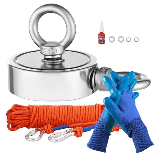 Strong Double Sided Fishing Magnet Kit with 1000 LBS Pull Force Rope and Carabiner for Treasure