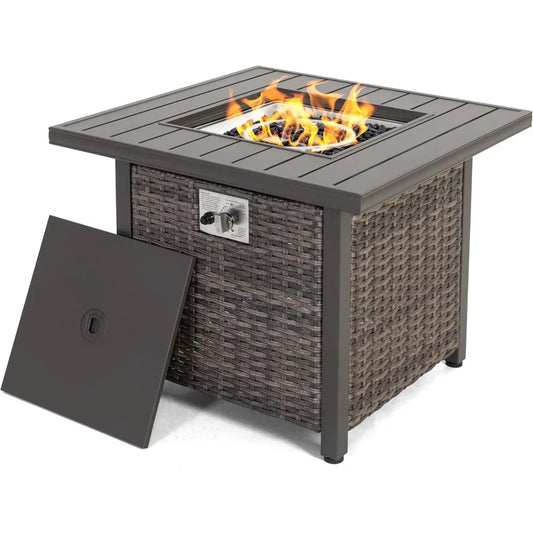 Nuu Garden Outdoor 30" 50,000 BTU Propane Gas Fire Pit Table, Square Gas Fire Pit Table with Glass Beads and Lid, Hand-Woven Wic