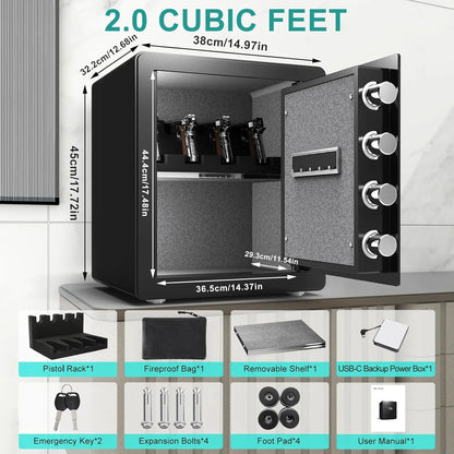 Safe Box with Pistol Rack, Fireproof Waterproof Bag, Large Digital Safe with Dual Alarm System,
