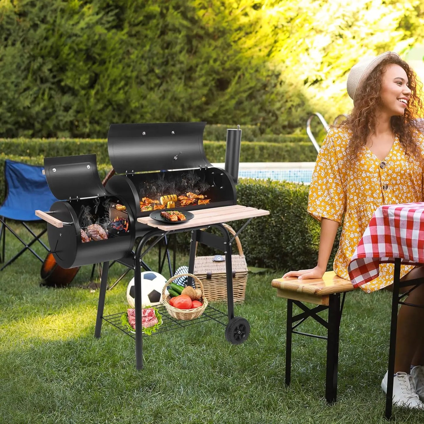 BBQ Charcoal Grill, Outdoor Patio Barbecue Cooker with Offset Smoker, Wheels and Tray for Balcony Picnics, Party and Camping