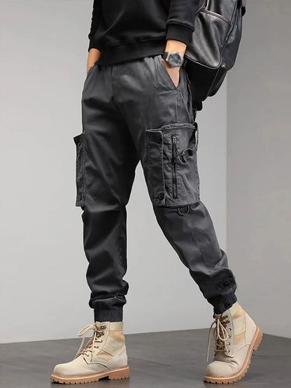 Mens Trousers Popular Casual Slim Fit Solid Color Pocket Cargo Pants Loose Wide Leg Straight Elastic High Waisted Pantalones