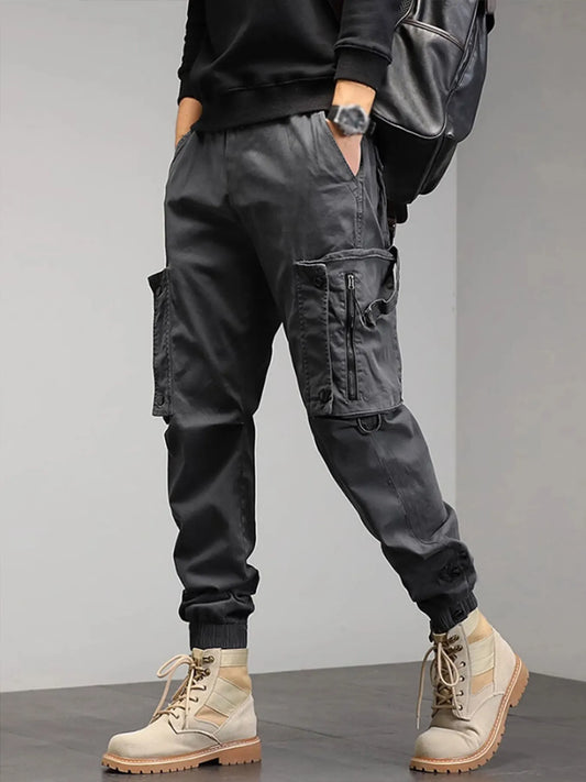 Mens Trousers Popular Casual Slim Fit Solid Color Pocket Cargo Pants Loose Wide Leg Straight Elastic High Waisted Pantalones