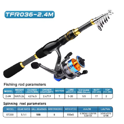 Fishing Combo Portable Ultralight Telescopic Rod and 5.1:1 Gear Ratio Spinning Reel Lures Hooks Line Full Kit