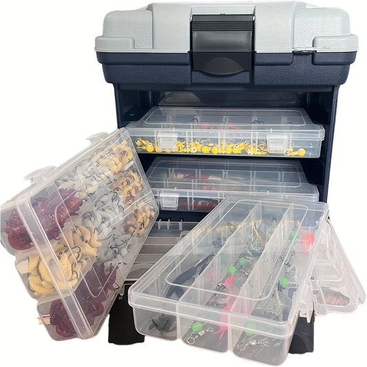 fishing tackle box, a four-layer bait box, a grey fishing accessory storage box, a plastic fishing box