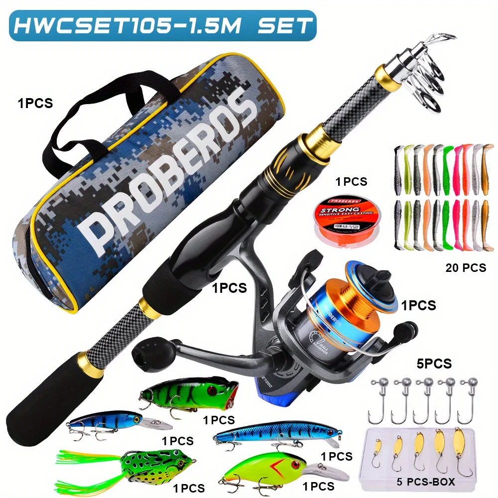 Fishing Combo Portable Ultralight Telescopic Rod and 5.1:1 Gear Ratio Spinning Reel Lures Hooks Line Full Kit